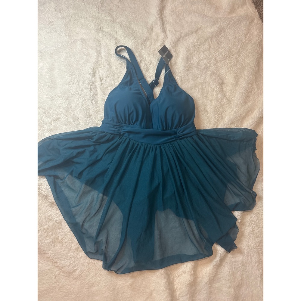Aidonger Swim Dress Women Large Teal NEW Mesh Skirt One Piece Swimsuit